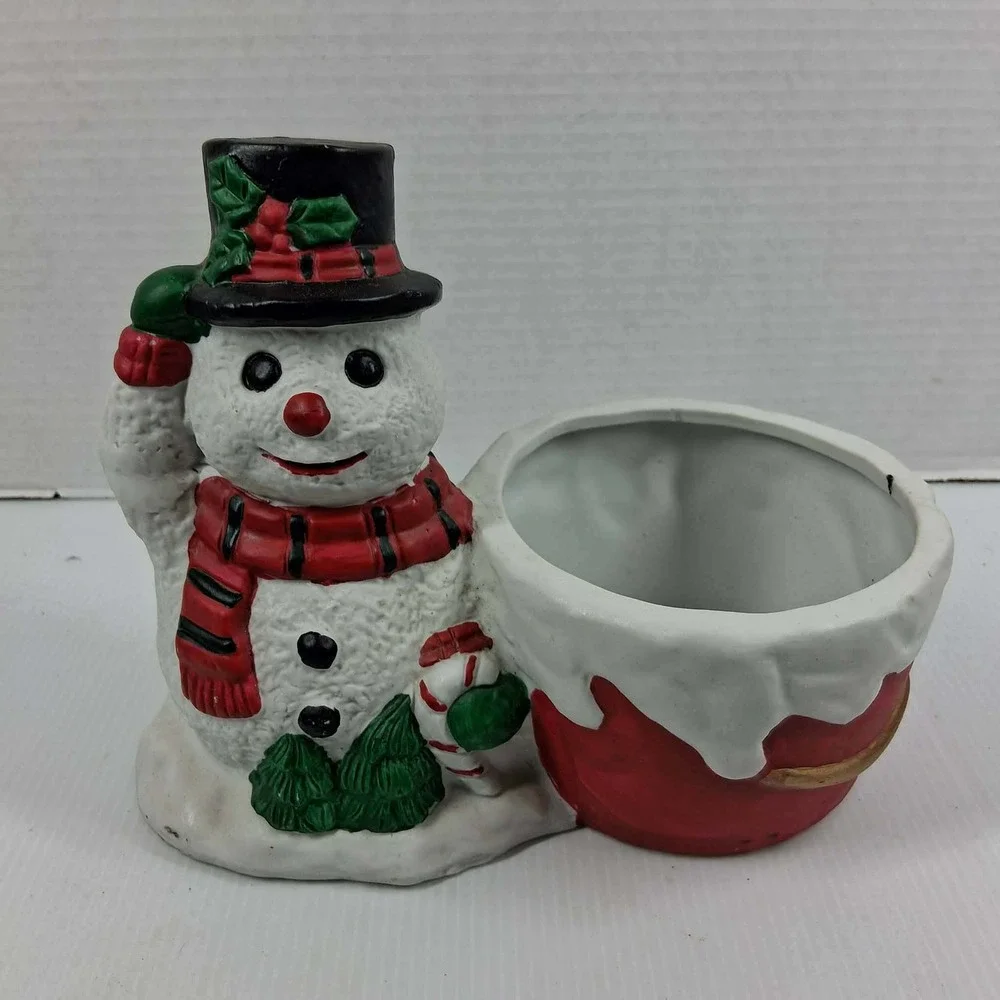 Vintage Style Ceramic Snowman Planter Christmas Holiday Candy Dish Red Bucket